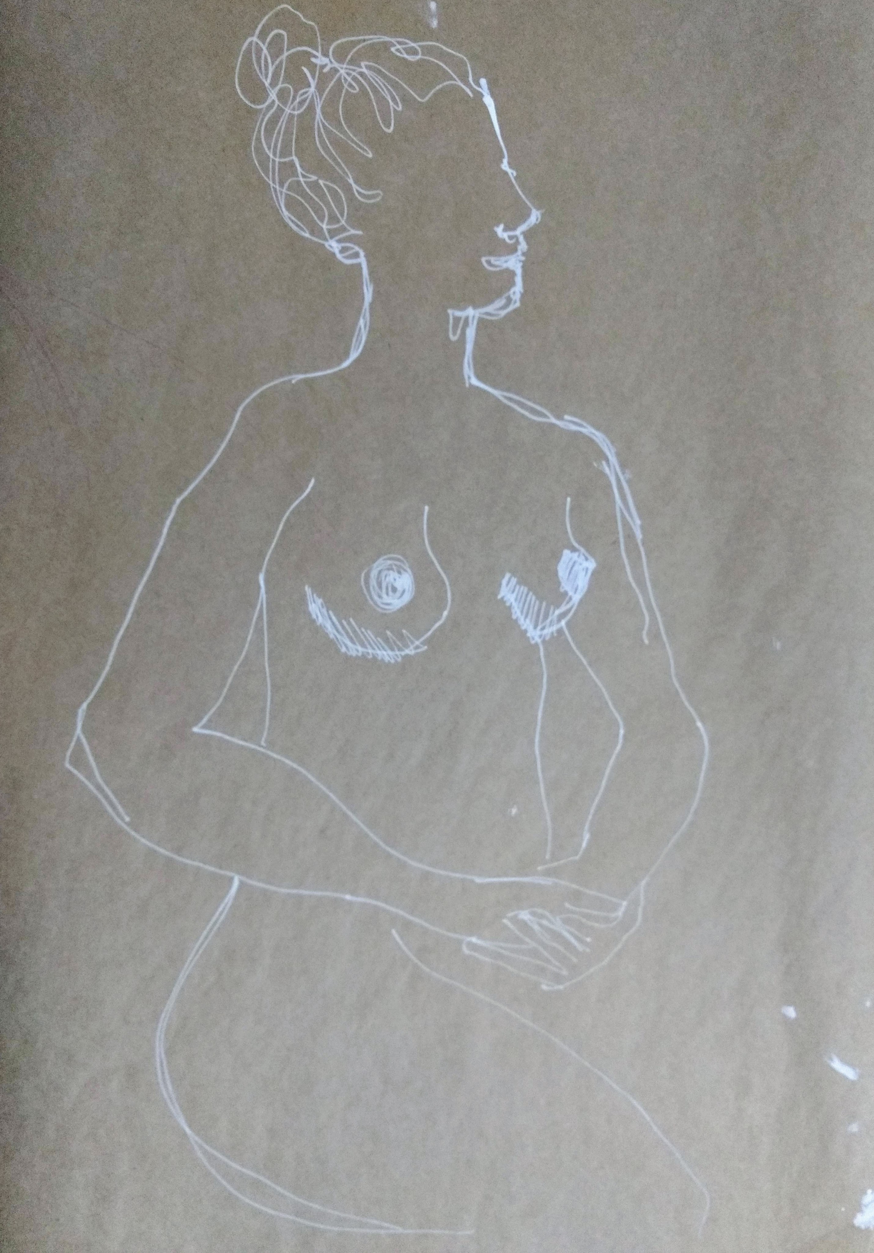 Desenho de modelo feminino nu, em caneta posca, realizado durante Prática de modelo vivo com Rafa Coutinho e Laerte no espaço Breu em 2019.
