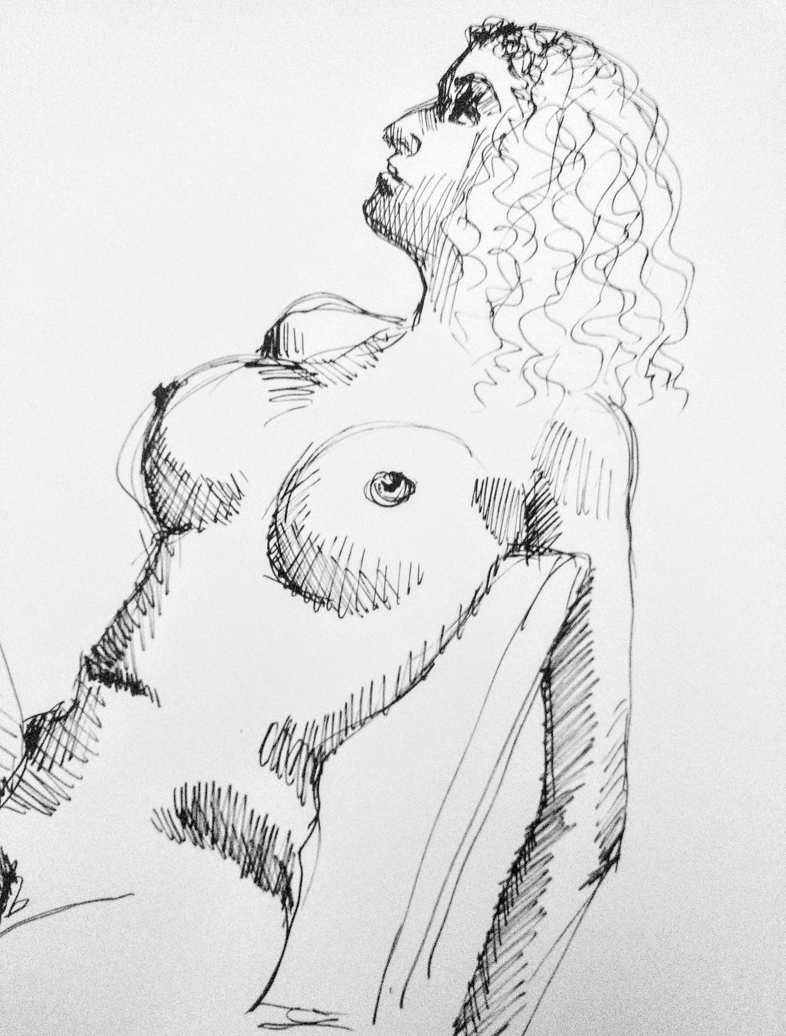 Desenho de modelo feminino trans nu, em caneta posca, realizado durante Prática de modelo vivo com Rafa Coutinho e Laerte no espaço Breu em 2019.