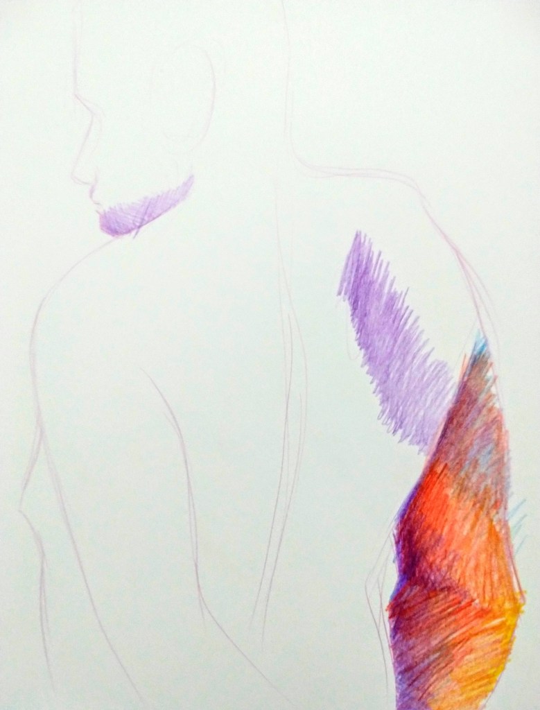 Desenho de modelo masculino nu em lápis de cor, realizado durante Prática de modelo vivo com Rafa Coutinho e Laerte no espaço Breu em 2019.
