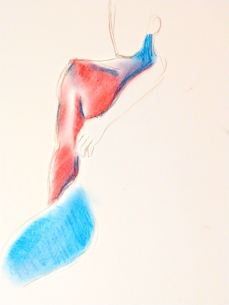 Desenho de casal nu em pastel oleoso e lápis de cor realizado durante Prática de modelo vivo com Rafa Coutinho e Laerte no espaço Breu em 2019.